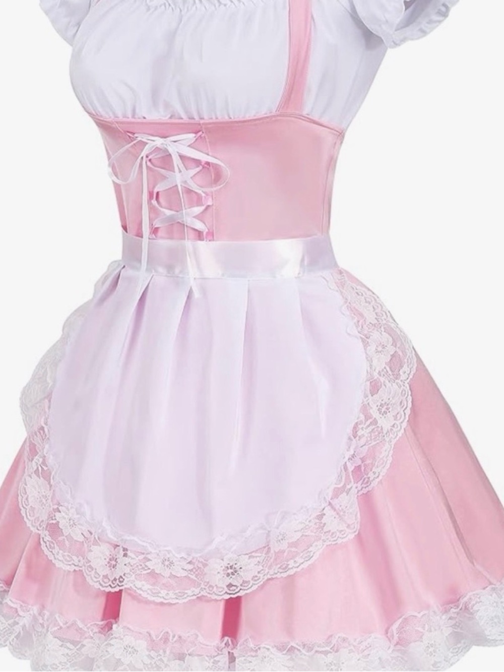 Pink Lace-Up Satin Maid Dress with White Apron
